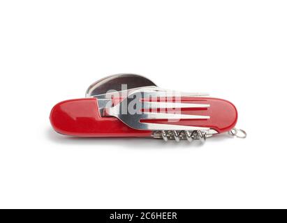 red penknife for survival with various tools isolated on white background Stock Photo