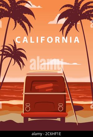 Surfer orange bus, van, camper with surfboard on the tropical beach. Poster California palm trees and blue ocean behind. Retro illustration of modern Stock Vector