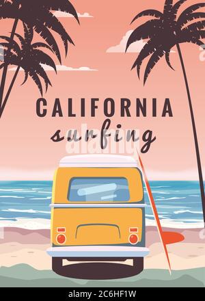 Surfer orange bus, van, camper with surfboard on the tropical beach. Poster California palm trees and blue ocean behind. Retro illustration of modern Stock Vector