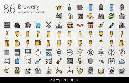 86 brewery colored outline icons for Instagram profile, web, mobile app, presentations and other Stock Vector