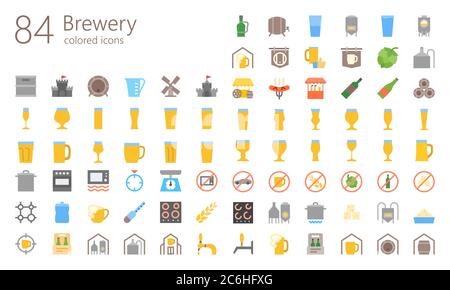 84 brewery outline colored icons for Instagram profile, web, mobile app, presentations and other Stock Vector