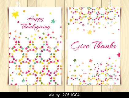 Vector set of thanksgiving holidays greeting card with handwritten lettering greetings. Happy thanksgiving day wishes template with colorful leaves on Stock Vector