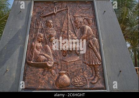 15 Apr 2012 Relief sculptures on Shivaji's life story on Pedestal of Chhatrapati Shivaji Maharaj Statue in Municipal Park Dahisar Mumbai Maharashtra I Stock Photo