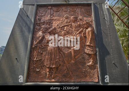 15 Apr 2012 Relief sculptures on Shivaji's life story on Pedestal of Chhatrapati Shivaji Maharaj Statue in Municipal Park Dahisar Mumbai Maharashtra.I Stock Photo