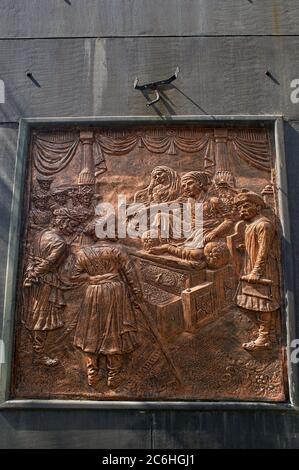 15 Apr 2012 Relief sculptures on Shivaji's life story on Pedestal of Chhatrapati Shivaji Maharaj Statue in Municipal Park Dahisar Mumbai Maharashtra Stock Photo