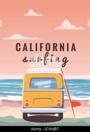 Surfer orange bus, van, camper with surfboard on the tropical beach. Poster California palm trees and blue ocean behind. Retro illustration of modern Stock Vector