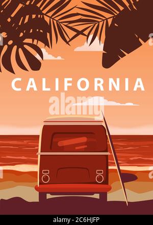 Surfer orange bus, van, camper with surfboard on the tropical beach. Poster California palm trees and blue ocean behind. Retro illustration of modern Stock Vector