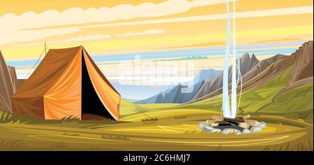 Campfire tent in the mountains. Sunset, sunrise. Clouds, rocks and hills. Tourism. Far horizon travel. Nature landscape illustration vector. Cartoon Stock Vector