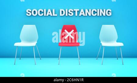 Social distancing concept with three chairs in a blue room, the middle one is red with a cross because it is forbidden to sit on it. 3D rendering Stock Photo