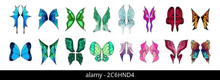 Set of vector fantasy colorful wings isolated on white background. Outline doodle style design. Hand drawn vector illustrations. Decoration for greeti Stock Vector