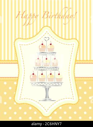 A stencil style silver cake stand full of cherry cupcakes. Birthday card template. EPS10 vector format. Easily editable for insertion of your on text. Stock Vector