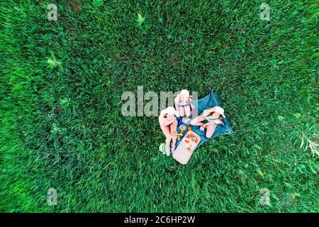 Mother and two daughters have a picnic with pizza on a green grass, aerial top view Stock Photo