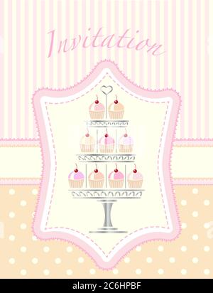 A stencil style silver cake stand full of cherry cupcakes. Suitable for wedding or party invitaions. EPS10 vector format. Easily editable for insertio Stock Vector