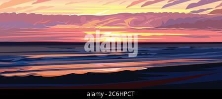 Evening beach sunset, sunrise in ocean. Coastal waves, pink clouds. Summer nature landscape. Seaside view horizon. Cartoon flat style. Beautiful Stock Vector