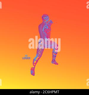 Running man. Emblem for marathon and jogging. 3d model of man. Vector Illustration. Wire connection to virtual reality. Stock Vector