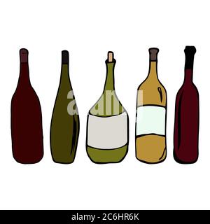 Hand drawn doodle bottle set. Contour sketch. Vector color illustration isolated on white background. Decoration for cards, banner, posters, prints, e Stock Vector