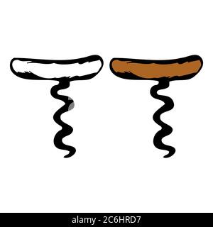 Hand drawn doodle corkscrew. Contour sketch. Vector transparent and color illustration isolated on white background. Decoration for cards, banner, pos Stock Vector