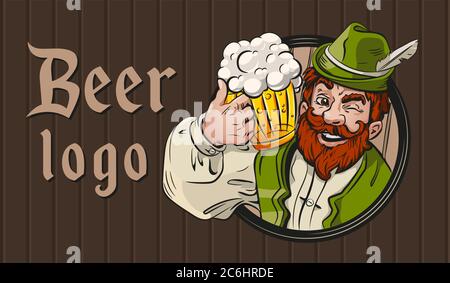 Beer drink vector logo, emblem, festival. Bearded man, mug beer. German, Bavarian clothes. Stock Vector