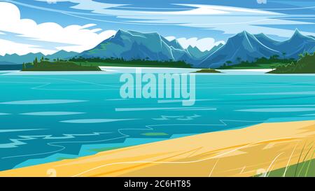Beach ocean horizon. Tropical landscape. Sandy seashore. Sea and sand. Tidal bore. Vector illustration. Mountains in the distance and clouds. Flat Stock Vector