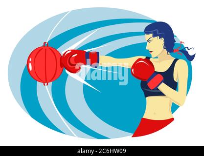 Athletic young woman in boxing gloves beats a punching bag. Stock Vector