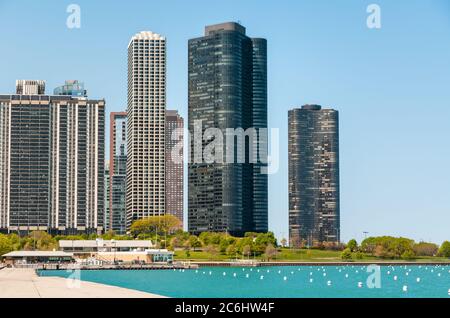 View of skyscrapers on the shore of Lake Michigan in Chicago Downtown, Illinois, USA Stock Photo