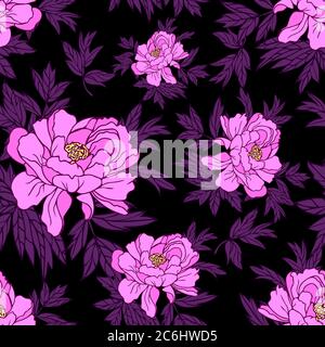 Seamless pattern of peony flowers with leaves on a black background. Stock Vector