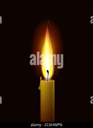 Candle flame. Realistic vector burning paraffin candle on a black background Stock Vector