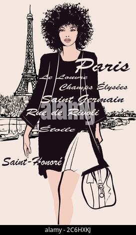 Woman in black dress carrying travel bag with the Eiffel tower on the background - vector illustration (Ideal for printing on fabric or paper, poster Stock Vector