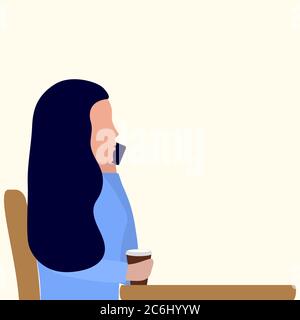A woman is sitting at a table in a cafe and talking on a cell phone. Girl with coffee vector illustration, flat design, flat design Stock Vector