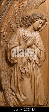 BARCELONA, SPAIN - MARCH 3, 2020: The  relief of angel from side altar in the chruch Iglesia Sant Ramon De Penyafort. Stock Photo