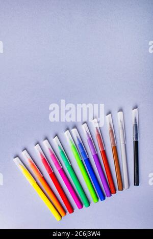Multicolored felt-tip pens or markers on gray background. Stock Photo