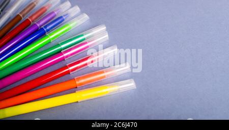 Multicolored felt-tip pens or markers on gray background. Stock Photo