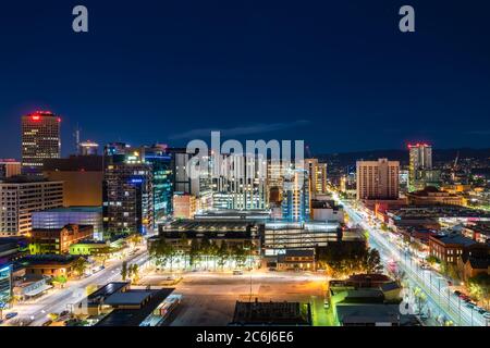 Adelaide, South Australia - June 5, 2020: Adelaide CBD skyline illuminated at night viewed towards east Stock Photo