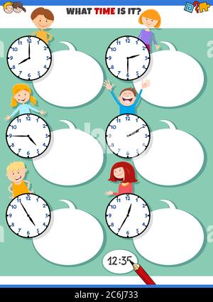 Cartoon Illustrations of Telling Time Educational Task with Clock Faces and Happy Children Characters Stock Vector