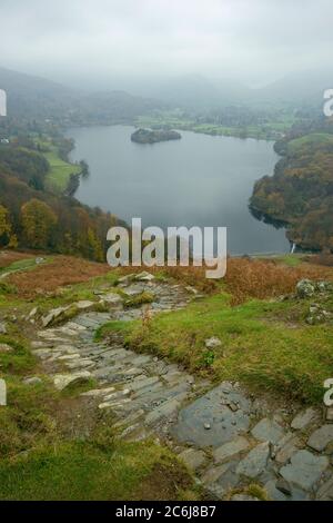 Grasmere lake from Loughrigg Fell on a misty autumn day in the Lake District National Park, Cumbria, England. Stock Photo