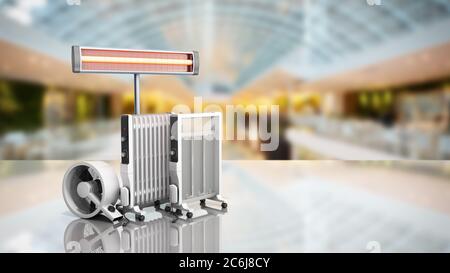 Heating devices Convection fan oil-filled and infrared heaters 3D rendering on sale background Stock Photo