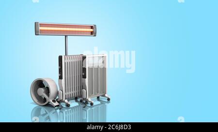 Heating devices Convection fan oil-filled and infrared heaters 3D rendering on blue Stock Photo