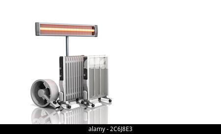 Heating devices Convection fan oil-filled and infrared heaters 3D rendering on white Stock Photo