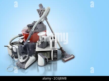 Home appliances Group of vacuum cleaner microwave iron coffee maker steam kettle toaster meat grinder on blue background 3d Stock Photo