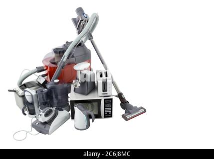 Home appliances Group of vacuum cleaner microwave iron coffee maker steam kettle toaster meat grinder on white background no shadow 3d Stock Photo