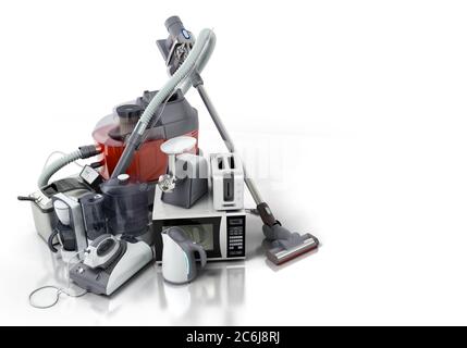 Home appliances Group of vacuum cleaner microwave iron coffee maker steam  kettle toaster meat grinder sale background 3d Stock Illustration