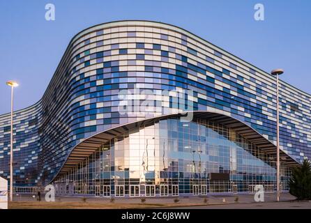 Sochi, Russia - March 4, 2020: Ice sports palace Iceberg in the Olympic Park Sochi in the evening Stock Photo