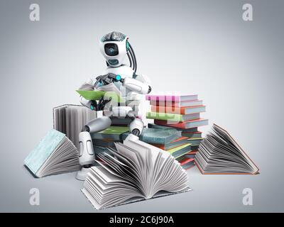 modern concept of piece intelligence robot is reading books sitting on a pile of books3d render on grey gradient Stock Photo