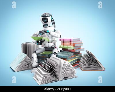 modern concept of piece intelligence robot is reading books sitting on a pile of books3d render on blue gradient Stock Photo