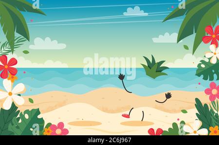 Summer time card with fruits character, beach landscape, lettering and floral frame. Vector illustration in flat style Stock Vector