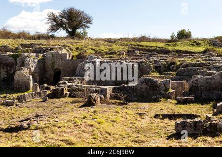 Panoramic Views of The Central Area in The Archaeologic Zone of Akrai in Palazzolo Acreide, Sicily, Italy. Stock Photo