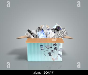 concept of product categories small consumer electronics in the box on grey background Stock Photo