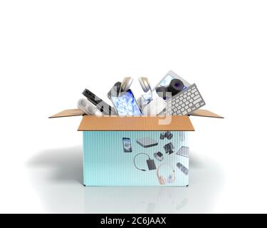 concept of product categories small consumer electronics in the box on white background Stock Photo