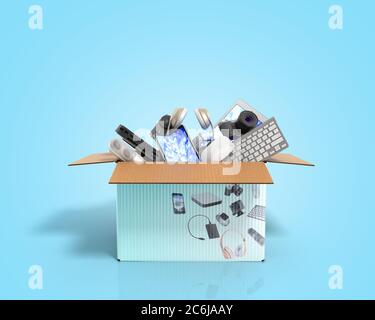 concept of product categories small consumer electronics in the box on blue background Stock Photo