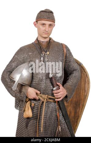 Norman knight dressed warrior 2nd half of the 11th century. Isolated on white Stock Photo